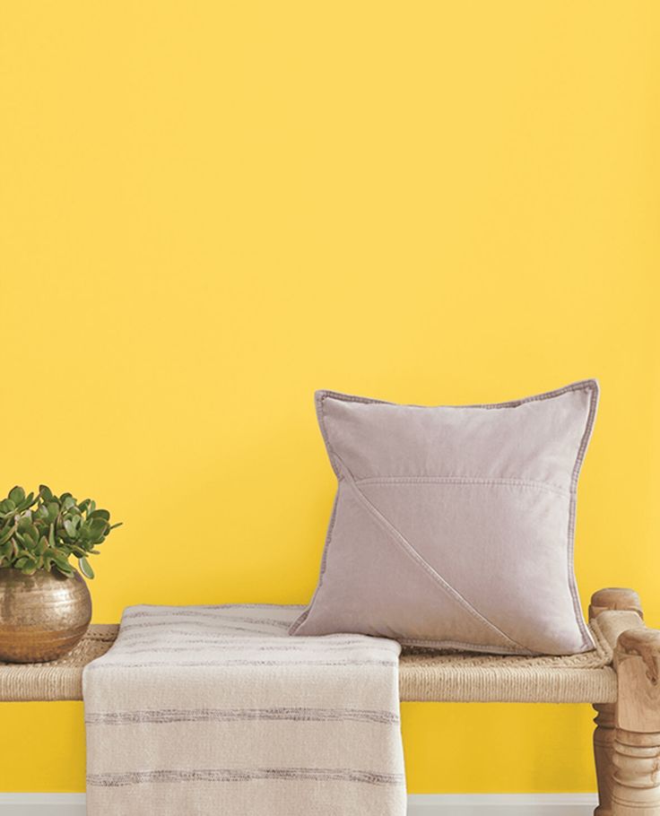 a yellow wall with a bench, potted plant and throw pillow on it's side