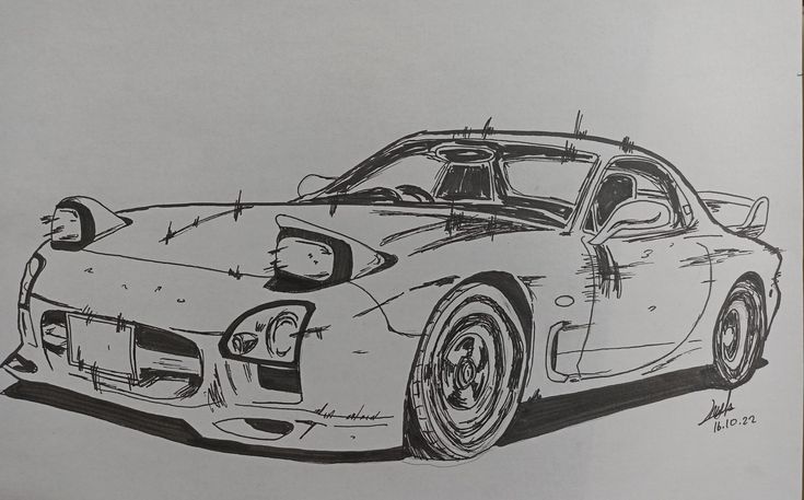 a drawing of a sports car in black and white