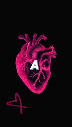 a heart with the letter a on it in red and pink ink, against a black background