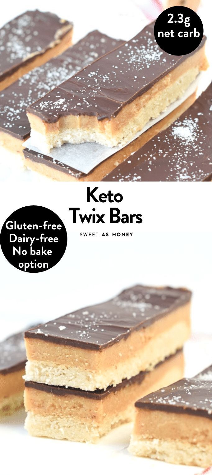 three different types of chocolate and caramel bars with text overlay that says keto twin bars