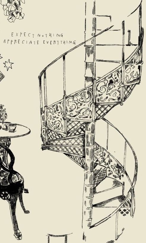 a drawing of a spiral staircase next to a table