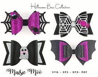 halloween bow collection with pink and black glittered bows, spider webs, and bats