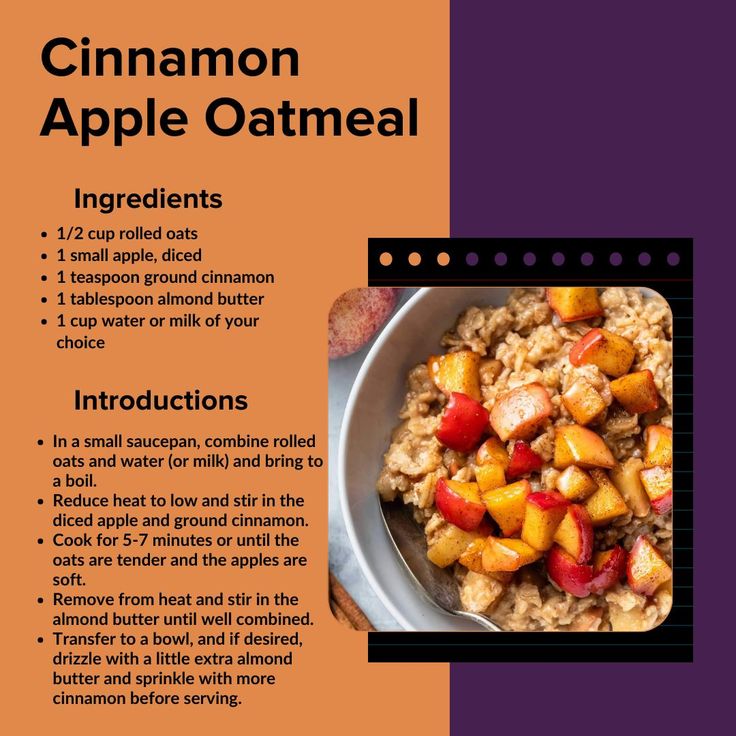 the recipe for cinnamon apple oatmeal is shown on an orange and purple background