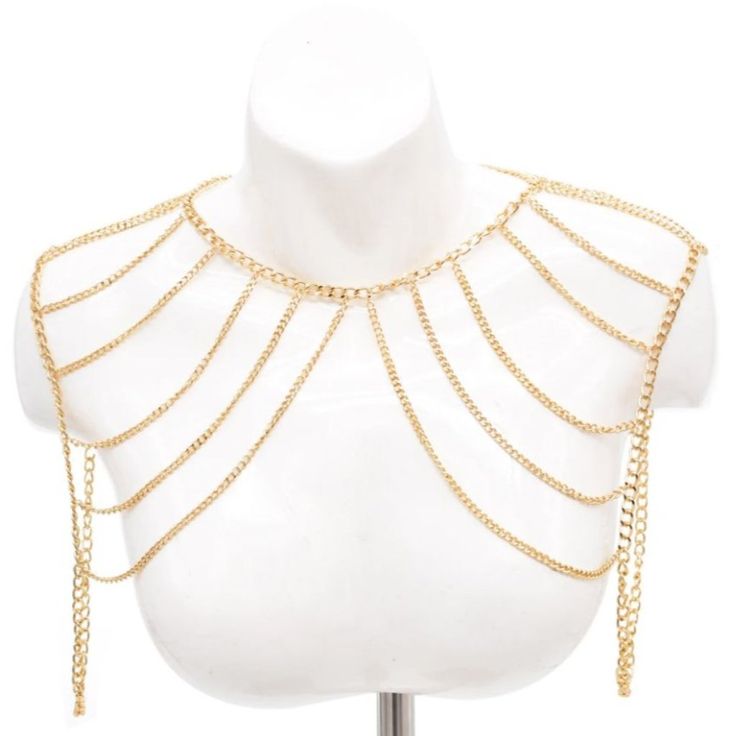 Elevate Your Style With Our Multi Layer Metal Chain. This Luxe Piece Features A Stunning Geometric Pattern In Gold, Made From High-Quality Alloy Material. The Adjustable Shoulder Chain Adds A Touch Of Versatility, Making It Perfect For Any Occasion. Make A Statement With This Sophisticated Link Chain. Hobbit Fashion, Gold Corset, Angel Wings Costume, Chain Harness, Shoulder Jewelry, Gold Body Chain, Shoulder Necklace, Casual Necklaces, Chain Belts