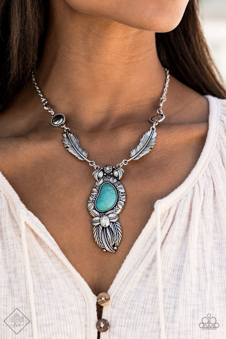 Paparazzi Ruler of The Roost - Blue Necklace 2020s Fashion, Paparazzi Fashion, Blue Stone Necklace, Silver Feather, Trendy Collection, Paparazzi Accessories, Paparazzi Jewelry, Blue Necklace, Affordable Jewelry