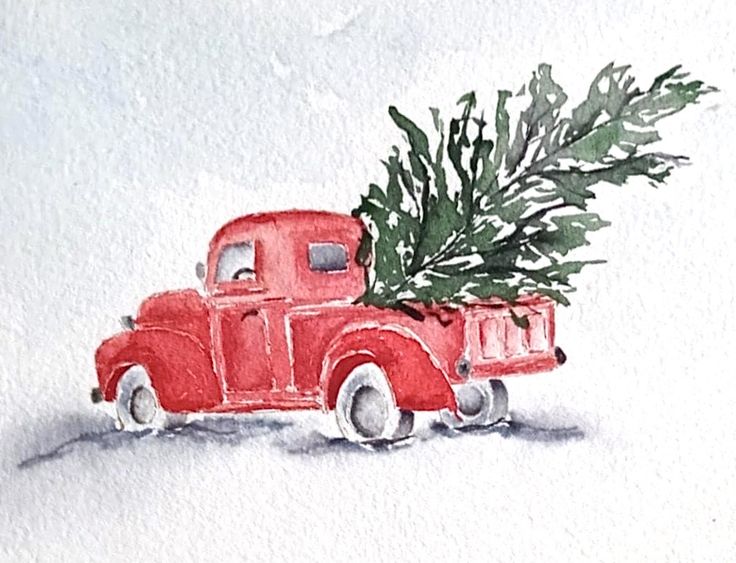 an old red truck with a christmas tree in the bed is painted on white paper