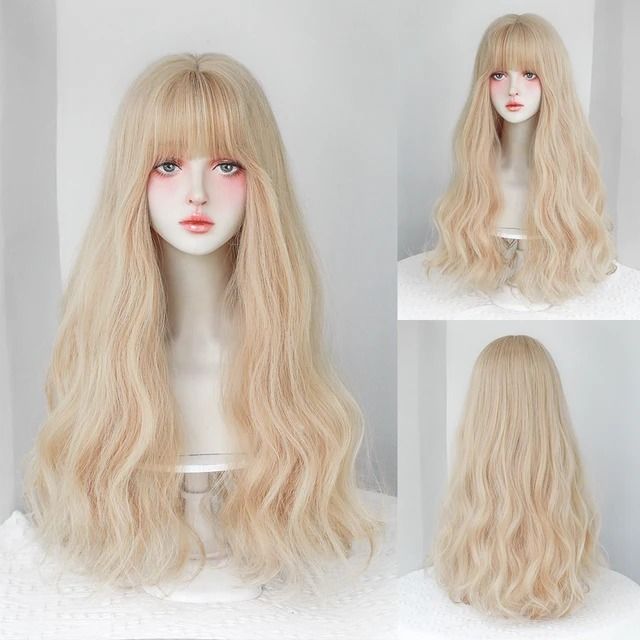 Dense Long Wave Wig Women Wig with Bangs Blonde Cospaly Lolita Daily Party Synthetic Wigs Heat Resistant Fiber Natural Fake Hair | AliExpress Magic Hair Curlers, Contour With Eyeshadow, Automatic Hair Curler, Curling Iron Hairstyles, Fake Hair, Magic Hair, Wave Wig, Wig With Bangs, Brazilian Human Hair