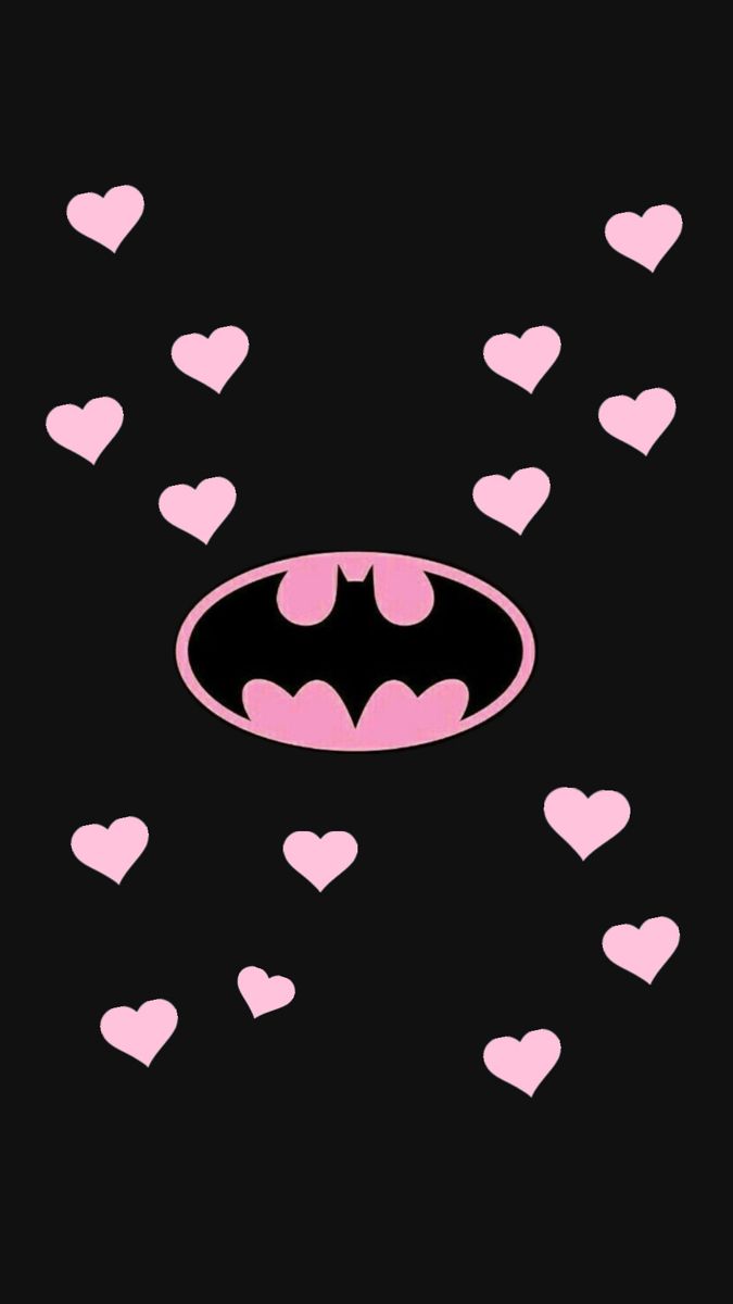 the batman symbol is surrounded by hearts on a black background with pink and red colors