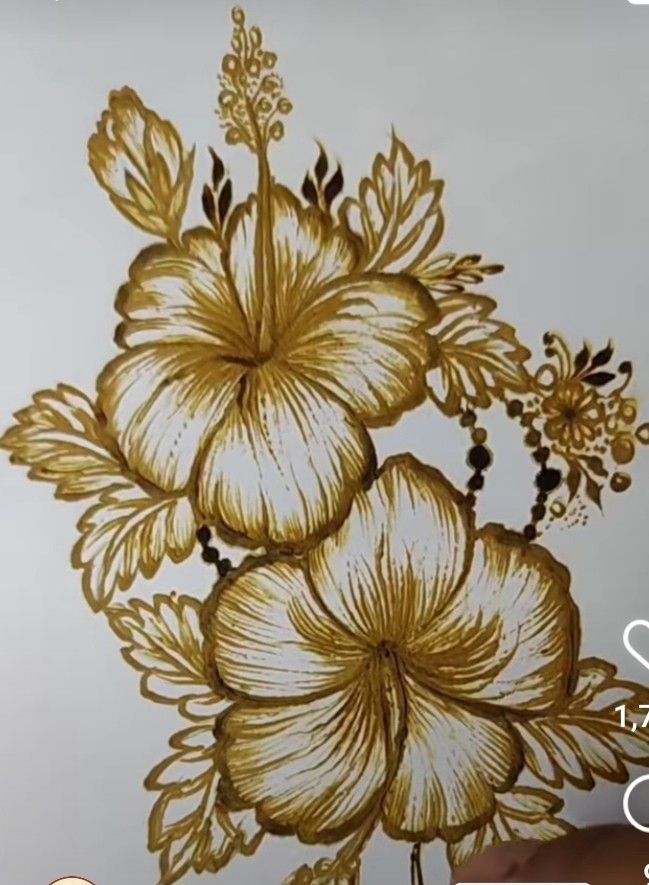 an image of flowers painted on the wall with gold paint and some writing underneath it