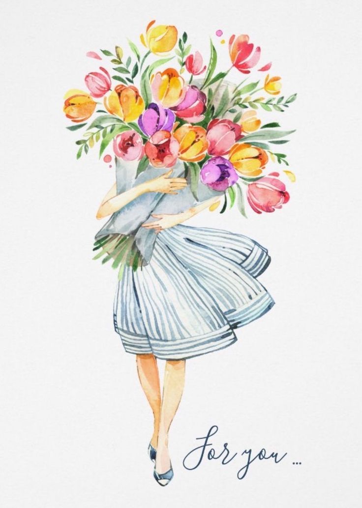 a watercolor painting of a woman holding a bouquet of flowers with the words for you on it