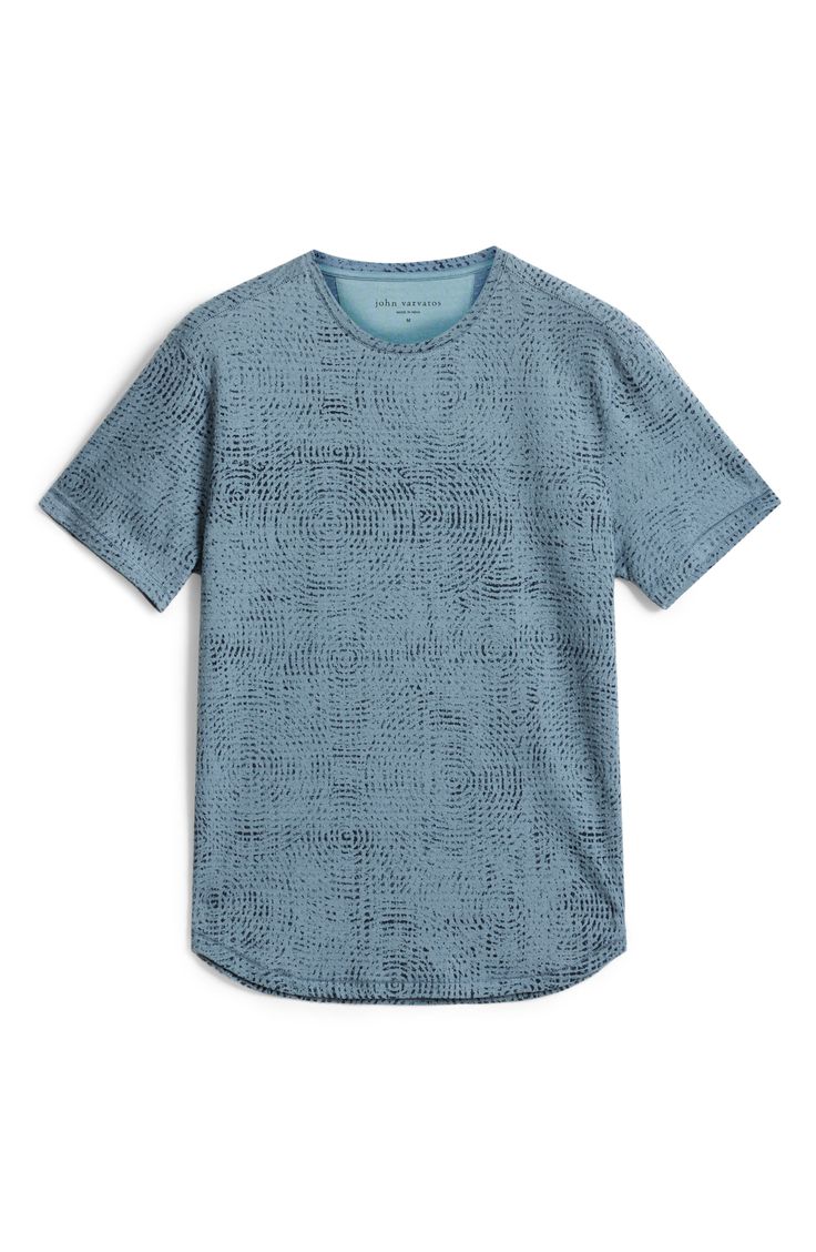 Jacquard knit with rich, multidimensional texture, this cool, cotton-blend T-shirt is finished with a slightly curved hem and pickstitching details. 28" length (size Medium) Crewneck Short sleeves 60% cotton, 40% polyester Machine wash, tumble dry or flat dry Imported Usa Shirt, Latest T Shirt, John Varvatos, Jacquard Knit, Crew Shirt, Steel Blue, Striped Shorts, Sleeve Cotton, Blue Man