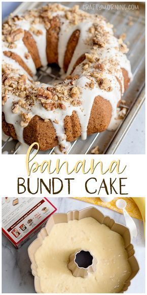 a bundt cake with white icing and nuts on top