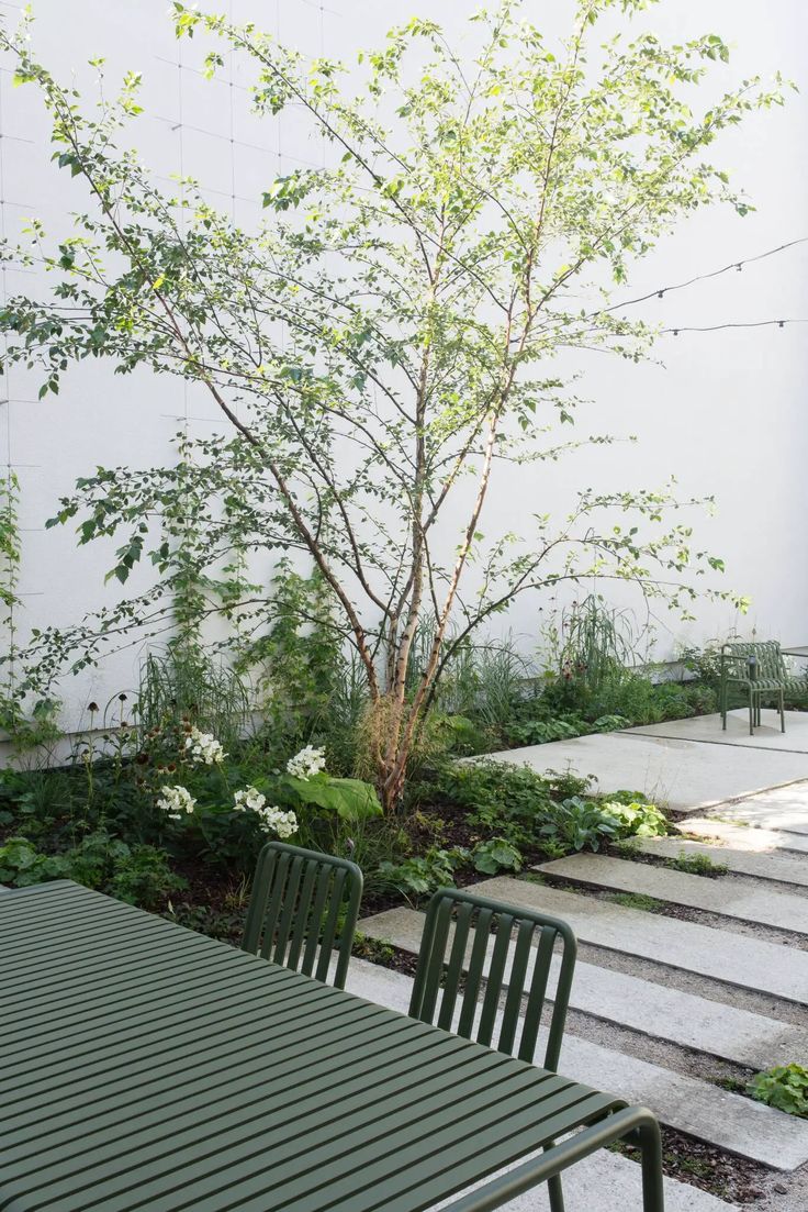 an outdoor table and chairs in front of a tree with white flowers on the ground