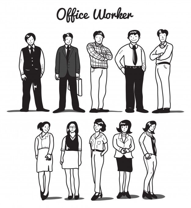 the office workers are standing in different poses