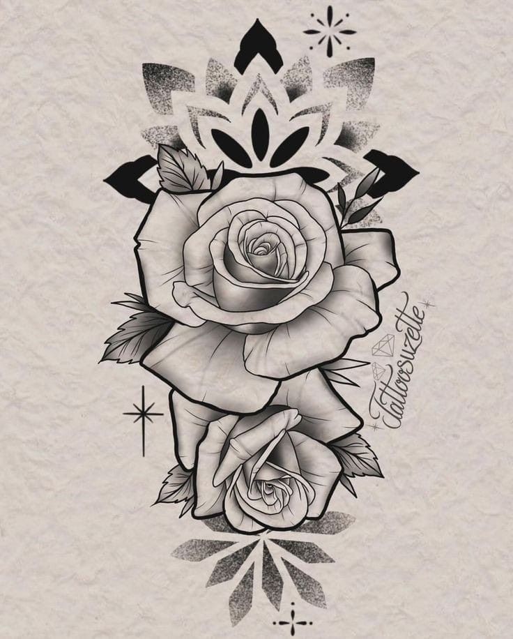 a black and white rose tattoo design on paper