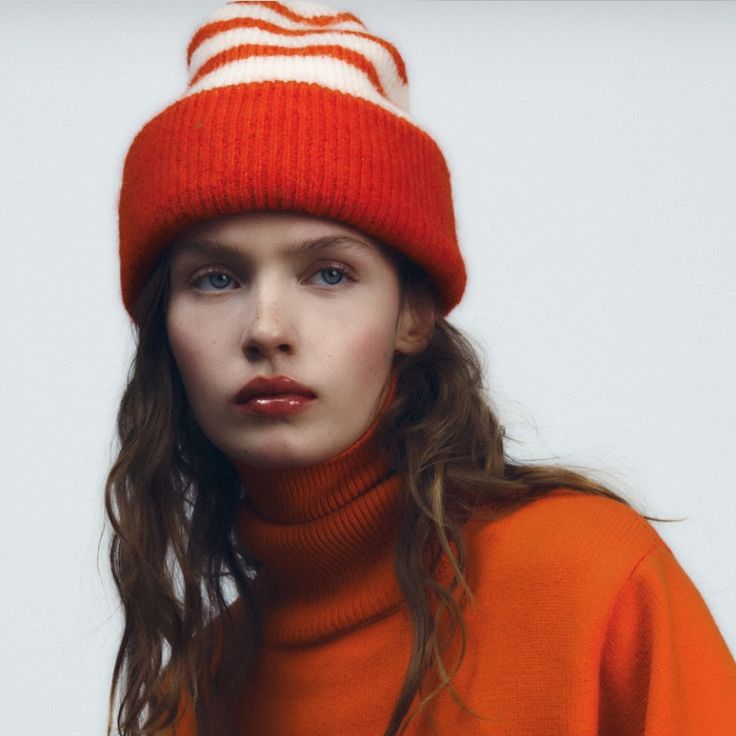 Zara Turned Up Knit Beanie Nwt Zara Beanie Outfit, White Knit Beanie For Fall, Beanie Photography, Zara Beauty Editorial, Zara Editorial Ad Campaigns, Cozy Knit Zara Sweater, Orange Beanie For Winter, One Size Orange Winter Hat, Orange Knitted Beanie Hat