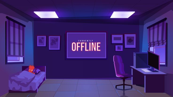 a purple room with an office chair, desk and computer monitor on the wall that says offline