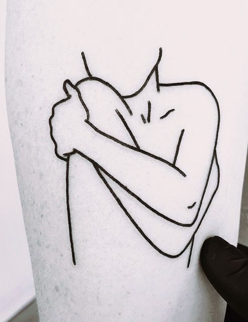 a black and white drawing of a man hugging his arm on the side of a vase