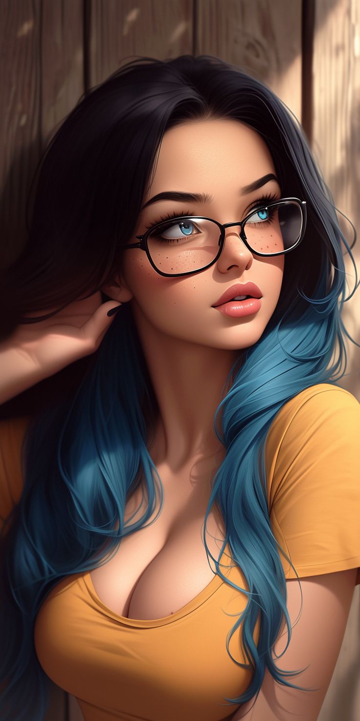 a painting of a woman with blue hair wearing glasses and a yellow shirt, leaning against a wooden wall