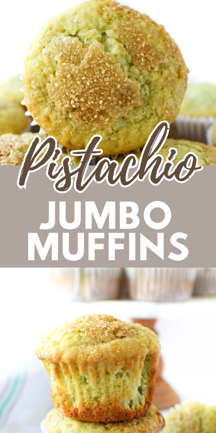 some muffins are stacked on top of each other with the words pestchioo jumbo muffins above them