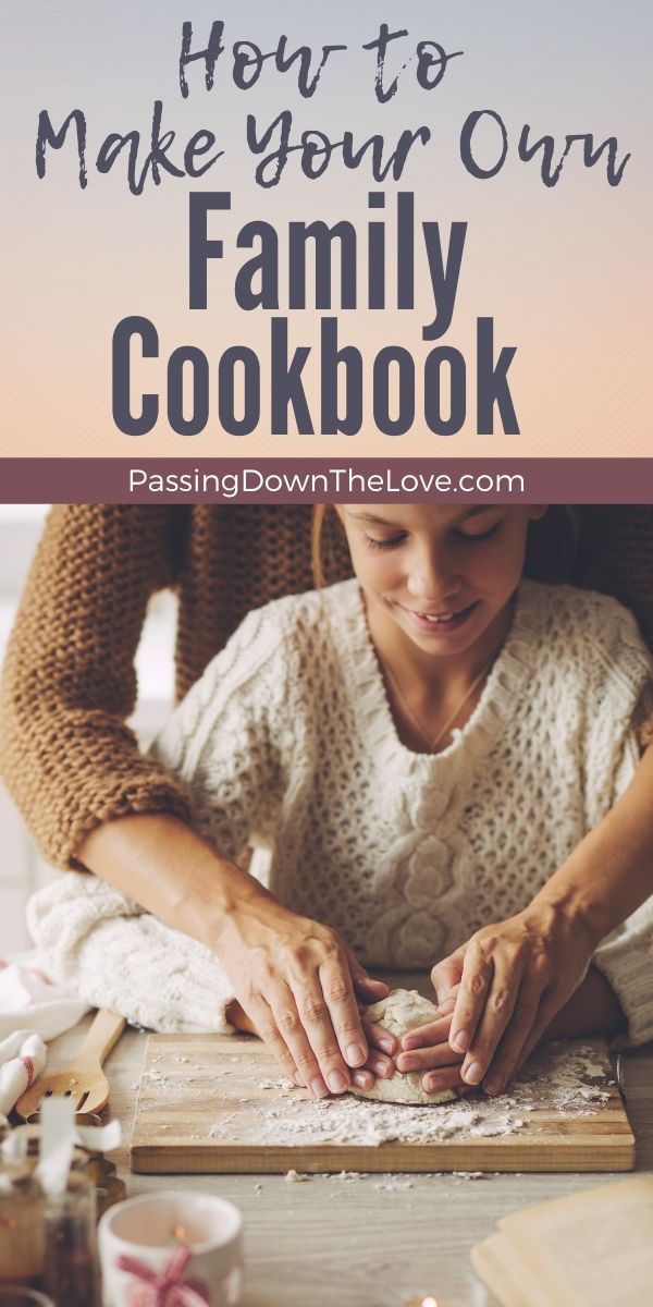 a woman sitting at a table with her hands on top of a cookbook and the words how to make your own family cookbook