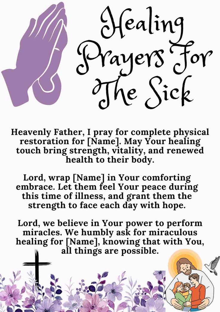 a prayer for the sick with purple flowers and praying hands in front of it on a white background