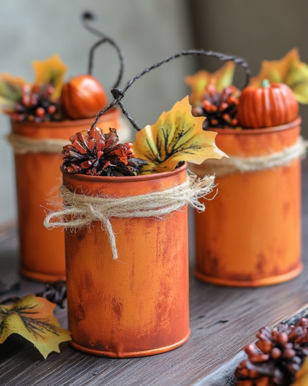 three orange tin canisters filled with fake pumpkins and autumn leaves are sitting on a wooden table