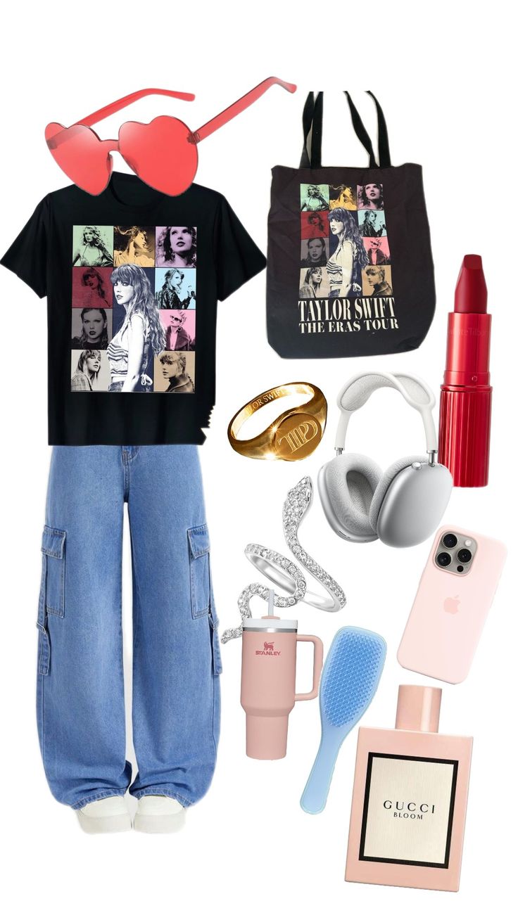 a woman's outfit and accessories including sunglasses, lipstick, headphones, phone case, cell phone