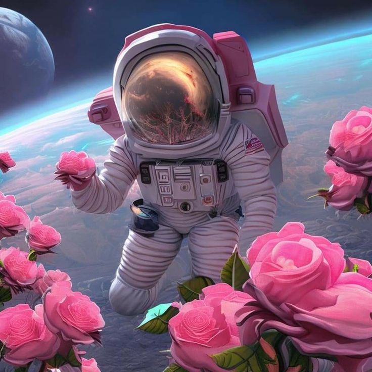 an astronaut floating in space surrounded by pink roses