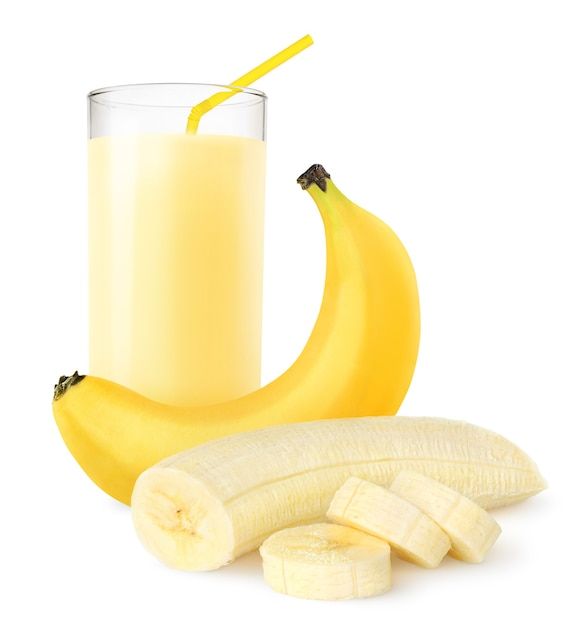 a glass of banana juice next to sliced bananas on a white background with clippings