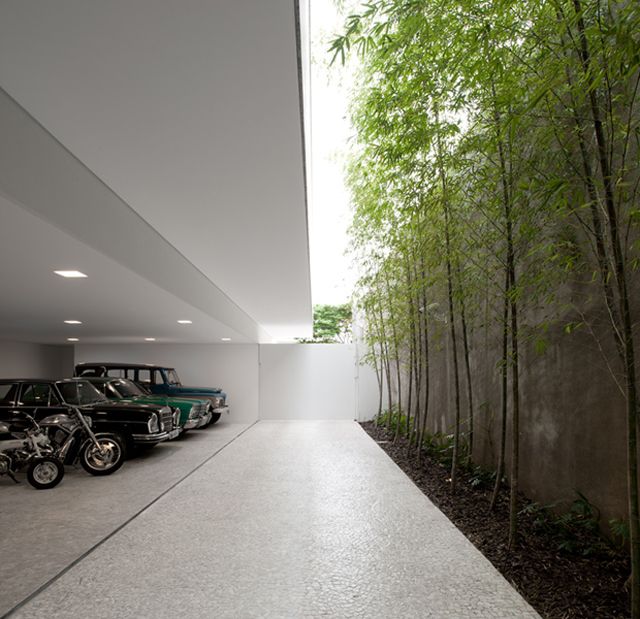 there are many cars parked in the parking garage with bamboo trees on either side of the building