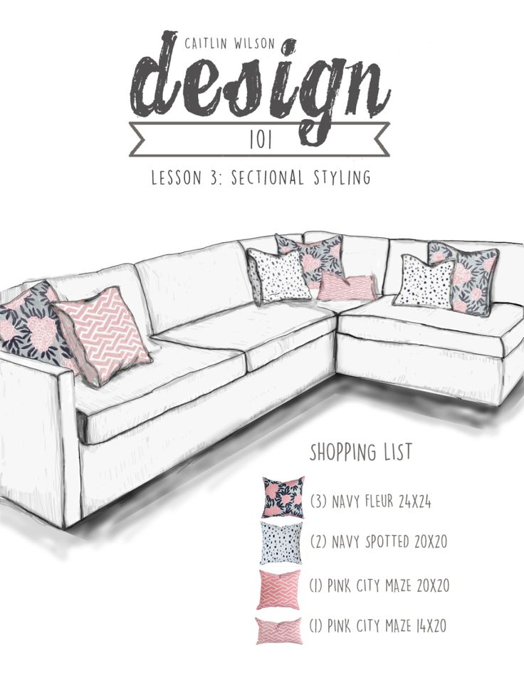 a drawing of a couch with pillows on it and the words design 101 in front of it