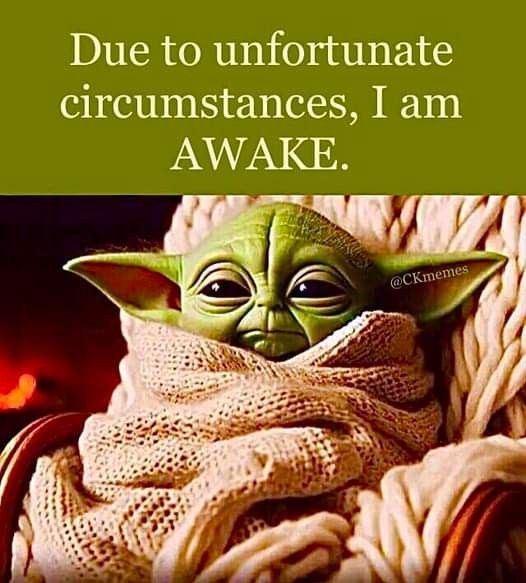 an image of yoda with the caption due to unfortunate circumstances, i am awake