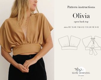 a woman in black pants and a brown top with the words pattern instructions olvia on it