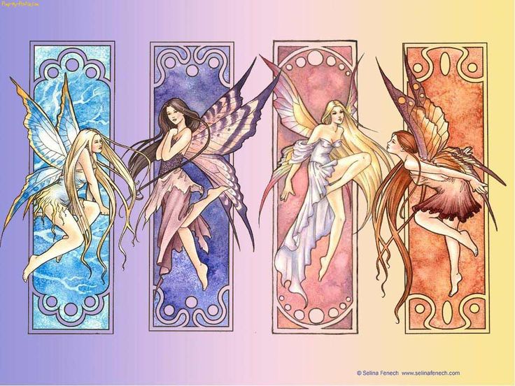 four different colored pictures of three fairy like women