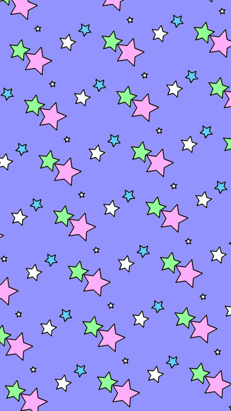 the stars are all different colors and sizes on this purple background with pink, green, and blue