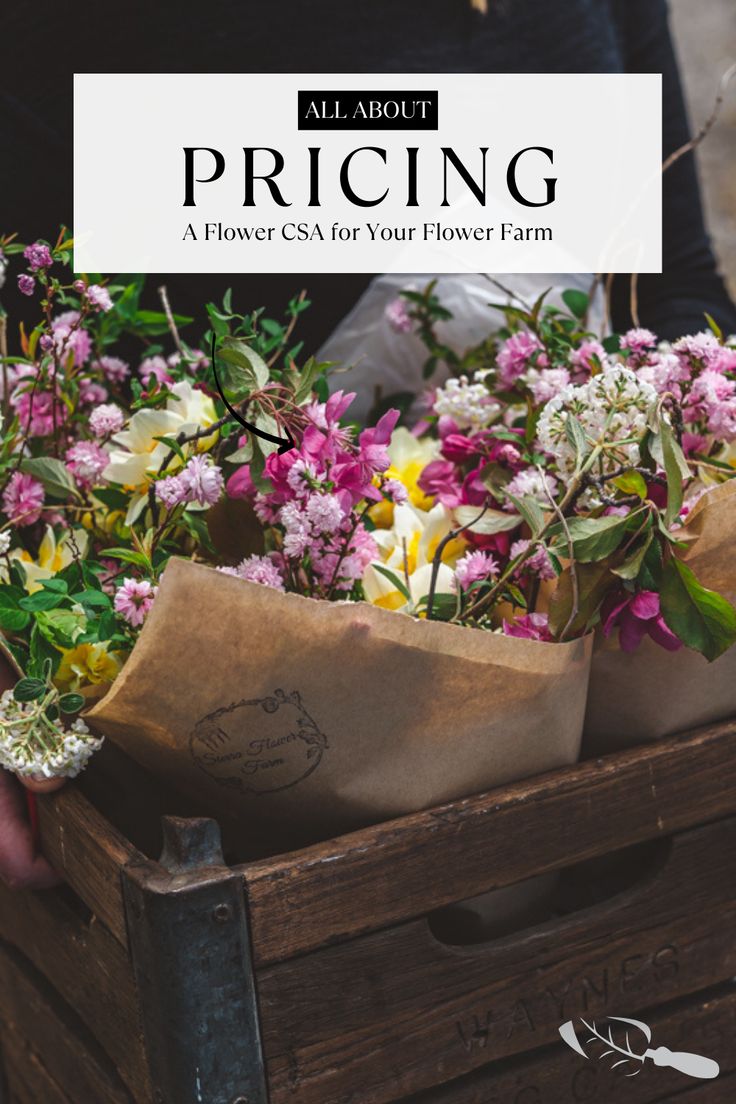 a wooden box with flowers in it and the words, all about pricing