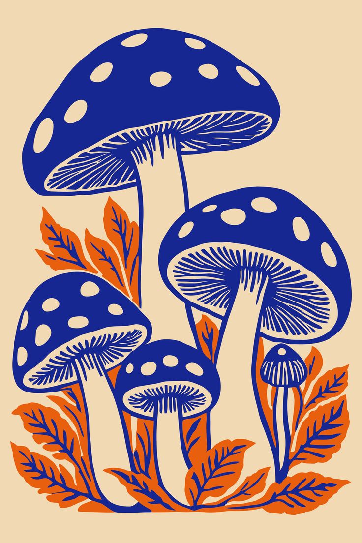 three blue mushrooms with orange leaves on them