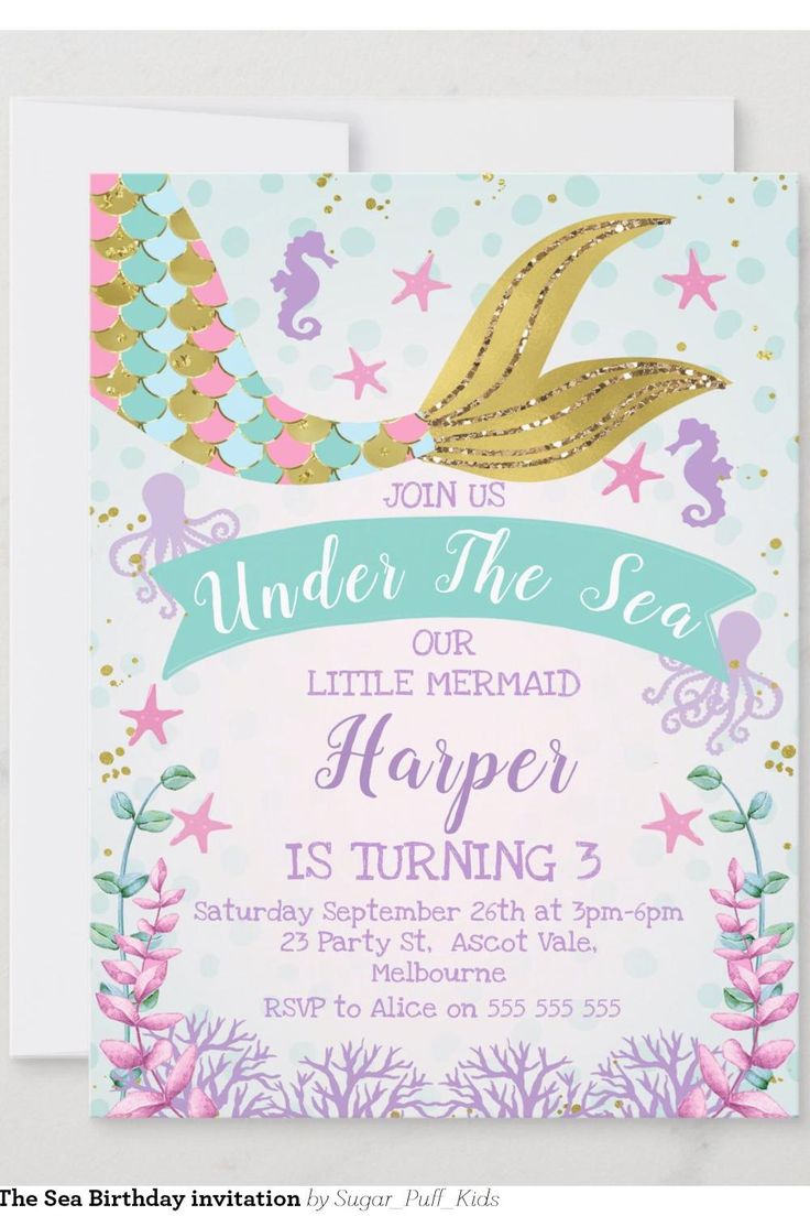 an under the sea birthday party with mermaids, stars and seashells on it