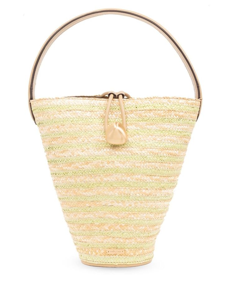 beige straw leather trim horizontal stripe pattern gold-tone hardware hook and loop fastening single top handle main compartment internal zip-fastening pocket twill lining Summer Bucket Bag With Gold-tone Hardware For Shopping, Luxury Bucket Bag With Gold-tone Hardware For Summer, Luxury Summer Bucket Bag With Gold-tone Hardware, Straw Top Handle Bag With Gold-tone Hardware, Luxury Summer Bucket Bag With Bamboo Handle, Luxury Summer Bucket Bag, Cream Bucket Bag With Handle Drop, Natural Color Bucket Bag With Gold-tone Hardware, Spring Bucket Shoulder Bag With Handle Drop