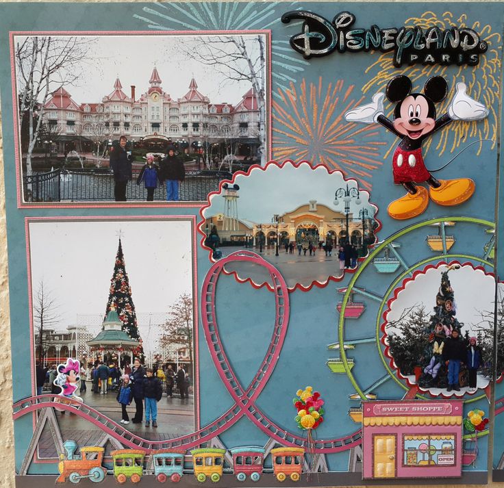 a scrapbook page with mickey mouse and disneyland world in the background at christmas time