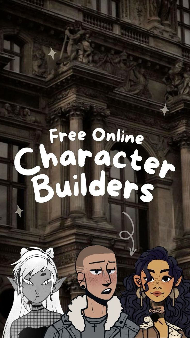 an image of characters in front of a building with the text free online character builder