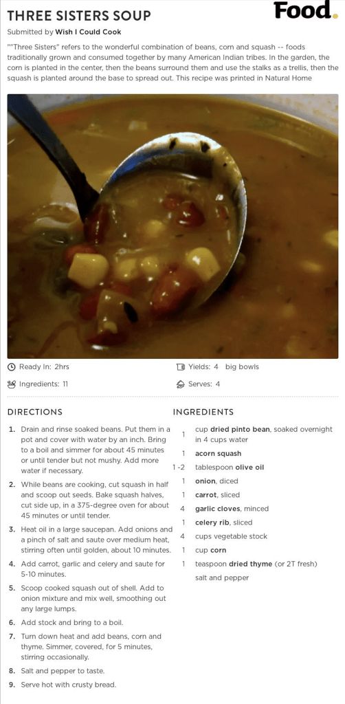 the recipe for three sisters soup is shown