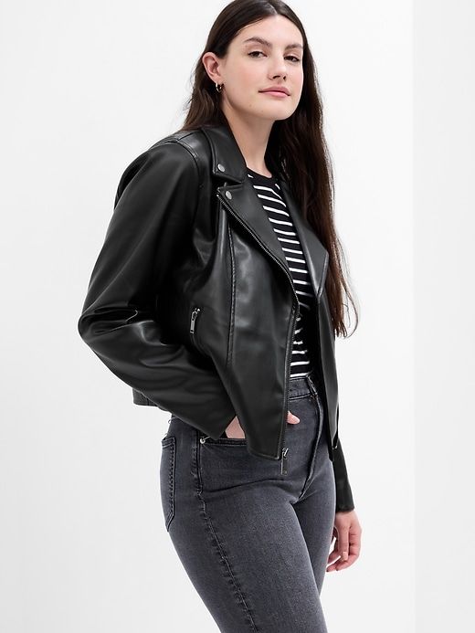 Casual Faux Leather Biker Jacket, Casual Fall Biker Jacket With Faux Front Pockets, Casual Faux Leather Outerwear With Zip Fly, Trendy Spring Leather Jacket With Faux Pockets, Casual Faux Leather Biker Jacket For Spring, Trendy Faux Leather Jacket With Zip Fly, Trendy Faux Leather Jacket With Zipper Closure, Spring Leather Jacket With Asymmetrical Zip, Casual Faux Leather Biker Jacket With Asymmetrical Zip