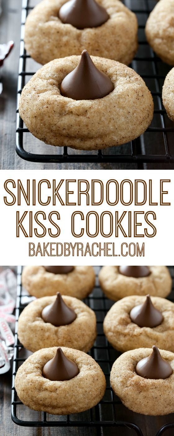 some cookies with chocolate on top are cooling on a rack and the words snickkerdoodle kiss cookies above them