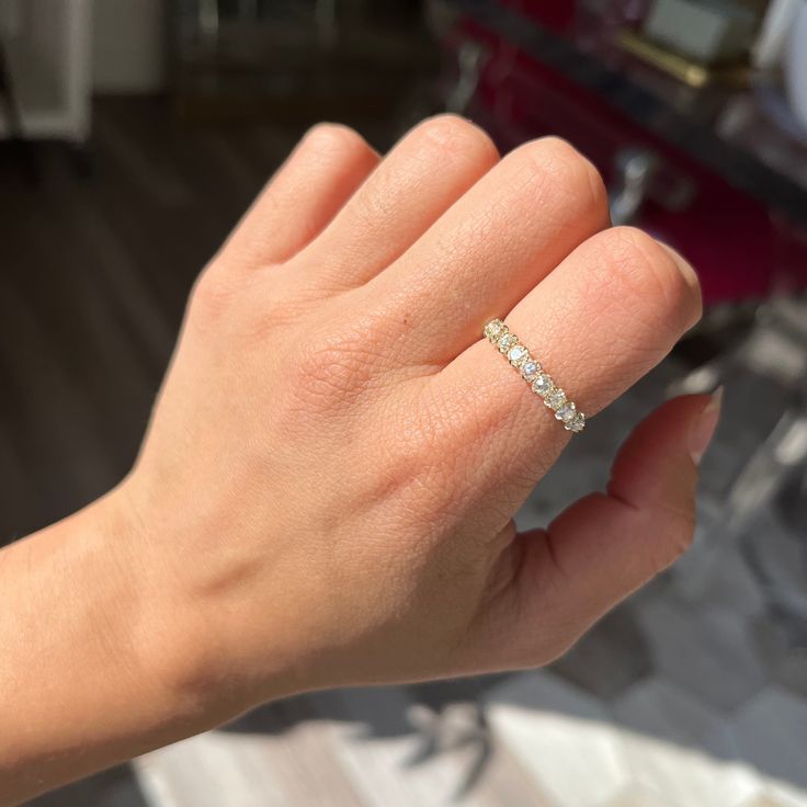 Modeled after antique diamond bands from the Georgian and Victorian eras, this band is set with chunky and charming old mine cut diamonds. The stones are bright and sparkly and just looks so beautiful and elegant on the finger. This is the perfect size for those wanting something smaller and more delicate in scale. With this layout, you get that generous half-eternity look to boot. 18kt yellow gold Size 8.25 & fully resizable Measures: 2.39mm H & 21.01mm W Diamonds are natural and Earth-mined , Classic Eternity Band With Rose Cut Diamonds, Anniversary Eternity Band With Rose Cut Cubic Zirconia, Classic Diamond White Eternity Band With Rose Cut Diamonds, Classic Eternity Band With Rose Cut Diamonds For Promise, Heirloom Diamond Eternity Band With Vvs Clarity, Eternity Band With Rose Cut Diamonds, Rose Cut Diamond Eternity Band As A Gift, Gift Eternity Band With Rose Cut Diamonds, Heirloom Eternity Band With Diamond Cut