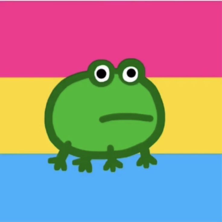 a green frog sitting on top of a rainbow colored background with two eyes and one eye wide open