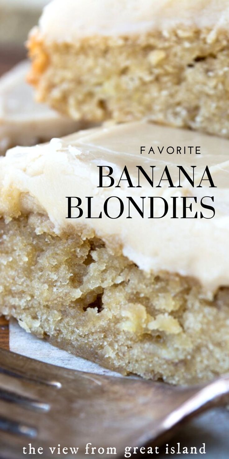 banana blondies with white frosting are on a plate and one is cut in half