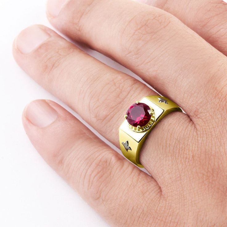 Metal: 14k Yellow Gold Ruby: carat total weight - 2.40 8mm setting - prong setting A true timeless classic, this ring features an always stylish round-cut red ruby gemstone framed in 14k yellow gold. ----------------------------------------------------------------------Ruby The fiery and captivating Ruby is a stone of nobility, considered the most magnificent of all gems, the queen of stones and the stone of kings. Ancients believed it surpassed all other precious stones in virtue, and its value Yellow Gold Mens Rings, Mens Gemstone Rings, Gold Topaz, Mens Gold Rings, Round Sapphire, Gold Band Ring, Solid Gold Rings, Sterling Silver Mens, Ring For Men