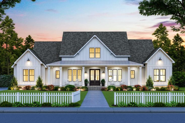 this is an artist's rendering of the front elevation of a house with white picket fence